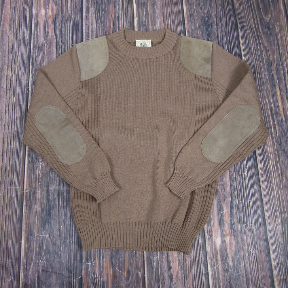 Antartex Sweater Mens S Brown Wool Suede Patch Ribbed‎ Knit Made in Scotland